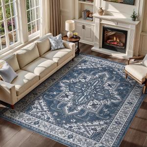 WITSHOCK Living Room Area Rugs 6x9: Washable Rug Boho Soft Non-Slip Low Pile Stain Resistant Foldable Carpet for Bedroom Playroom Dining Room Office Kitchen Farmhouse Home Decor Rug-Blue