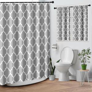 Gray Plaid Quatrefoil Moroccan Waffle Textured Cloth Shower Curtain Set, Grey Checkered Four Leaf Clover Grid Bathroom Window Waterproof Shower Curtains for Bathroom Decor