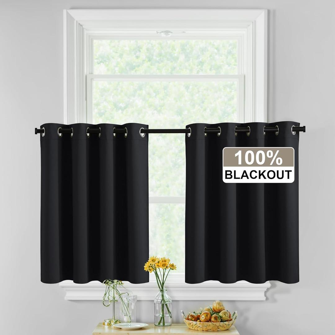 RYB HOME Black 100% Blackout Curtain 36 inch Long, Thick Thermal Insulated Curtains Over Sink for Kitchen, Total Blackout Heavy Privacy Drapes for Cafe/Basement/Bathroom, Grommet, W52 x W36, 2 Panels