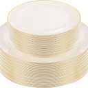 PULOTE 60 PCS Ivory Plastic Plates - Cream Plastic Disposable Include 30 Dinner and 30 Dessert Plates with Gold Rim - Ideal for Party & Wedding