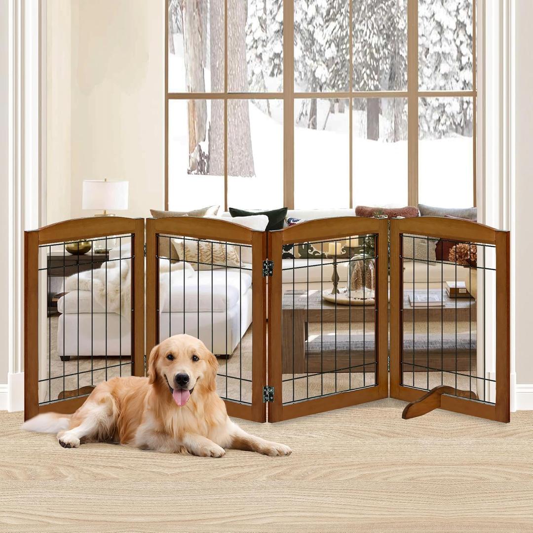 LZRS 4-Panel Freestanding Wooden Dog GateExtra Wide 30 Tall Foldable Pet Barrier with Support Feet, Solid Hardwood & Steel Wire Safety Gate for Doorways, Hallways, and Stairs, Oak Cherry