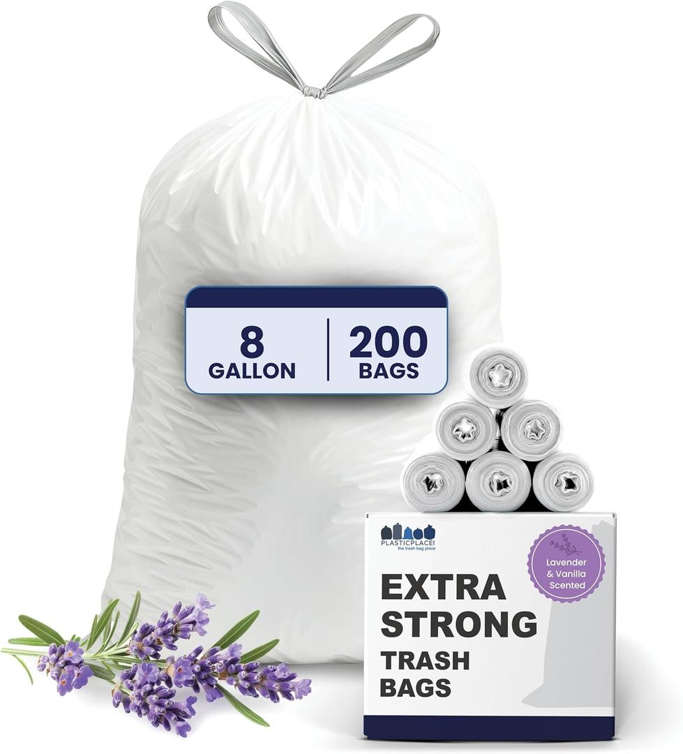 Plasticplace 8 Gallon Trash Bags  0.7 Mil  Lavender and Soft Vanilla Scented Garbage Can Liners  22" x 22" (200 Count), White