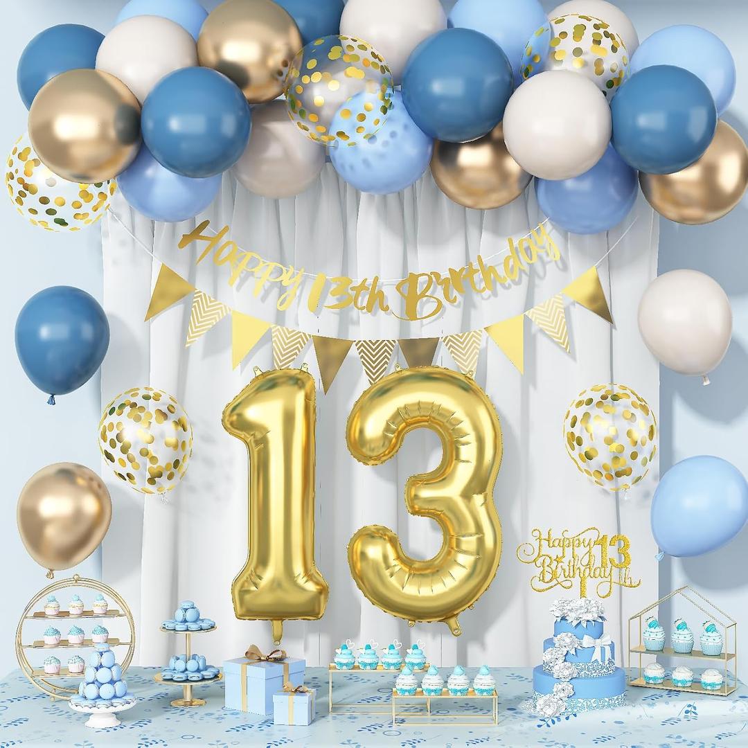 13th Birthday Decorations for Girls Boys, Dusty Blue Cream White Gold 13 Balloon Happy 13th Birthday Bunting Banner Cake Topper Number 13 Year Old Foil Balloon for Thirteen Birthdays Party Decor
