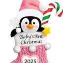 Baby's First Christmas Ornament 2025,Babys First Christmas Stocking Ornaments for Boy and Girls Personalized Babies Gifts My 1st Xmas Ornaments 2025 Window Tree Crib Fireplace Xmas Tree Decorations(5) (Pink-penguin Resin)