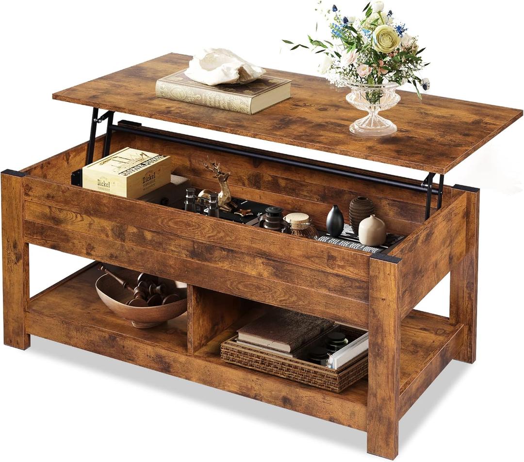 WLIVE Coffee Table, 47" Lift Top Coffee Table with Hidden Compartment and 2 Storage Shelves for Living Room, Rustic Brown