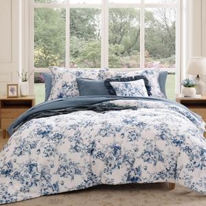 BLOOMHAVEN King Comforter Set -7 Pieces Floral Blue Comforter Set for All Seasons, Bed in a Bag King with Botanical Flowers Comforter, Sheets, Pillowcases & Shams