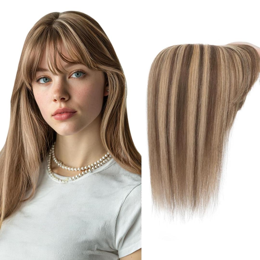 Hair Toppers for Women Real Human Hair 16 Inch Long Straight Toppers for Women with Thinning 7 * 13CM Silk Base Clip in Hairpieces with Bangs (Mocha Brown & Dark Blonde)
