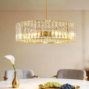 Gold Crystal Chandelier for Dining Room, 6-Light Modern Semi Flush Mount Ceiling Lighting Fixtures, Round Kitchen Fixtures Ceiling, Hanging Drum Pendant Lights for Living Room Bedroom Foyer, 19IN, E26