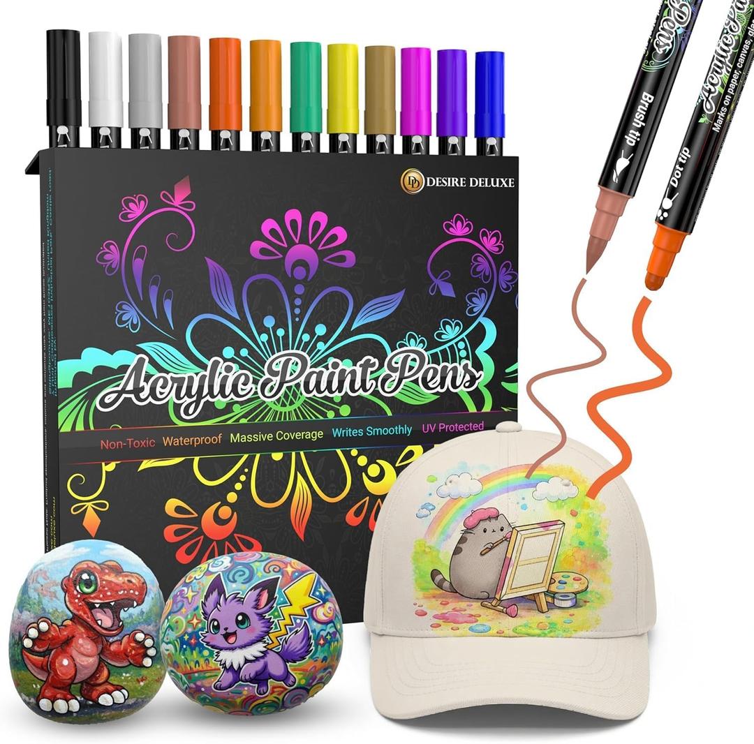 2 x Desire Deluxe Acrylic Paint Pens for Rock Painting, Stone, Ceramic, Glass, Wood, Canvas – Set of 12 Non Toxic Water Based Markers - Great Artists Painting Supplies (Dual Tip Multicolor, 12)