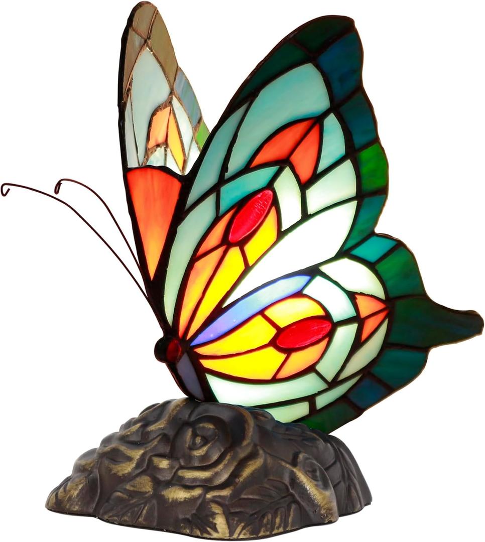 Small Tiffany Table lamp Stained Glass Butterfly Desk Lamp 7X5X9.8 Inch Accent Antique Light (Blue Butterfly)
