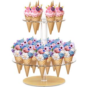 Acrylic Ice Cream Cone Holder, Waffle Sushi Hand Roll Stand, Double Layer Cone Display Stand for Birthday Parties, Weddings