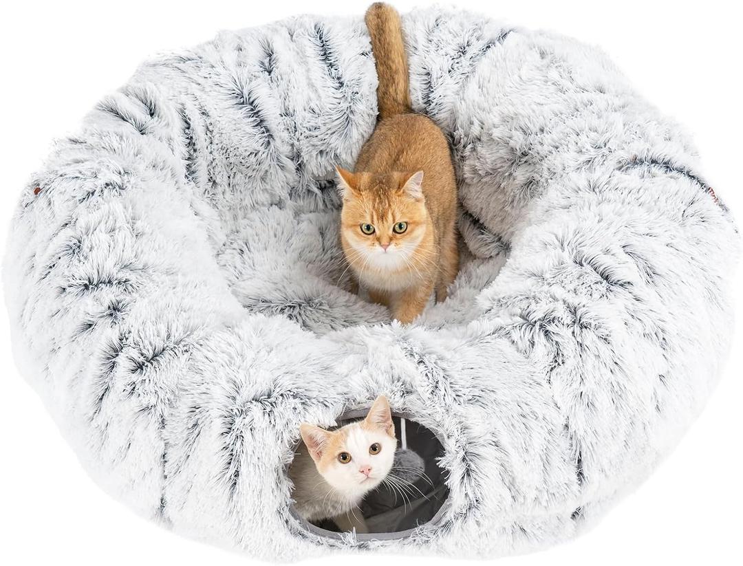 Avont Cat Tunnel Bed for Indoor Cats, Plush Fluffy Kitten Donut Tunnel 3 Shape to Play, Large Kitty Circle Tunnel Under Christmas Tree, Cat Play Toys Gift Ideas -Grey Long-Pile