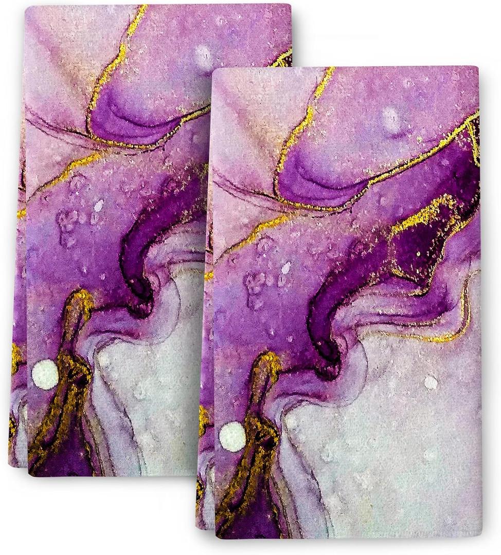 Purple Gold Kitchen Towels Decorative Set,Purple Marble Texture Dish Towels for Kitchen Drying, Absorbent Dish Clothes Set of 2, Decorative Hand Towels Tea Towels for Kitchen Bathroom Bar