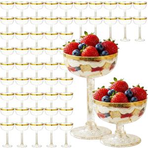 Set of 55 Plastic Champagne Coupe Glasses 7 oz Removable Gold Rim Cocktail Glassware Set Acrylic Goblet Martini Cups for Flute Wedding Birthday Party Bar(Saucer)