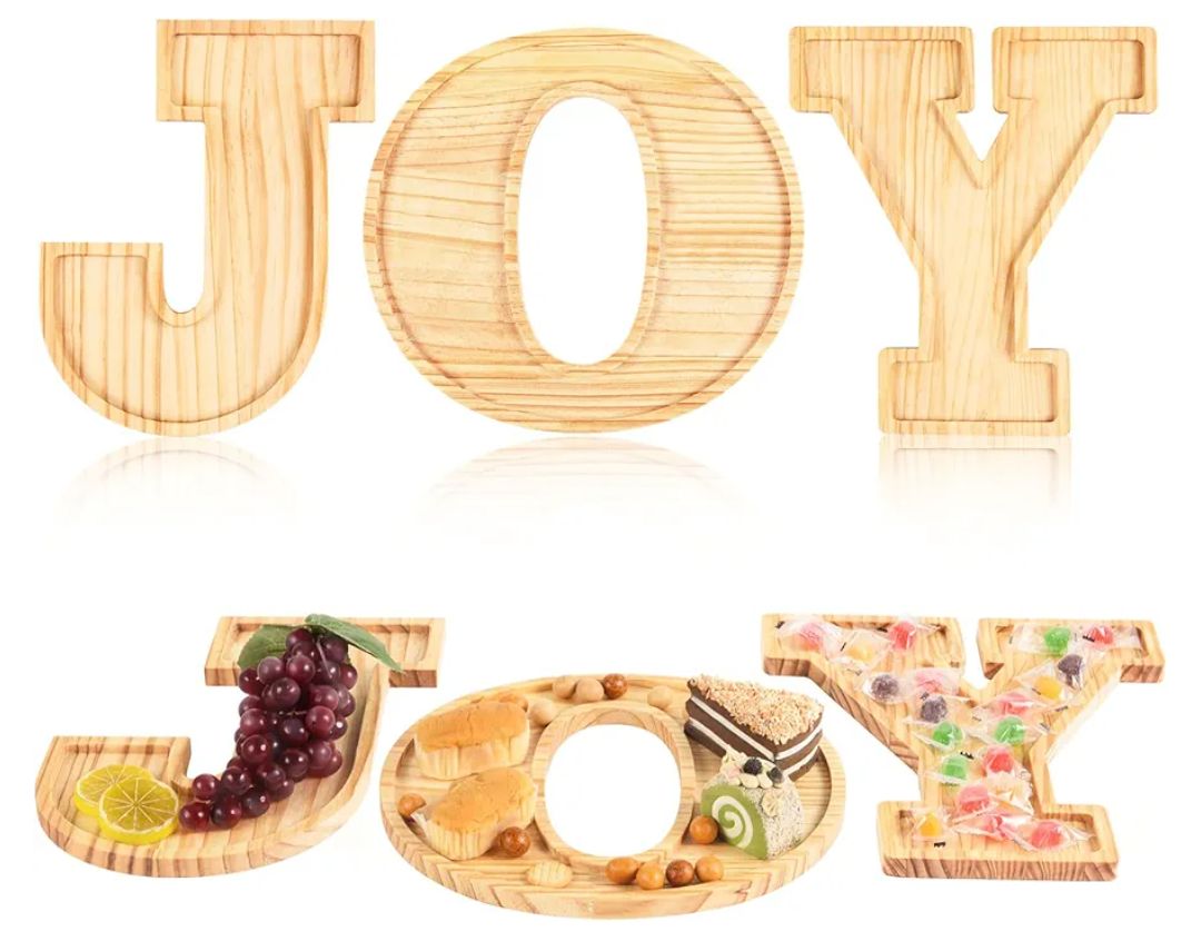AWIZOM 3 Pcs Christmas Charcuterie Boards JOY Wooden Serving Platters Christmas Pine Wood Trays Wooden Snack Cookie Dish Plates for Home Kitchen Xmas Holiday Housewarming Dinnerware Presents