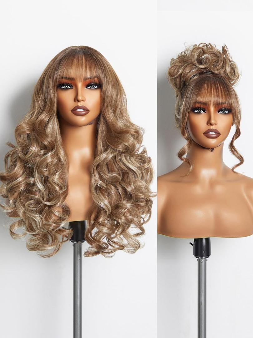 GORGIUS Highlight Wigs with Bang Body Wave Wig Natural Highlights Glueless Wavy Wig Crafted with Style-Archive Human-Hair-Like Premium Fiber, Realistic Look with True Scalp