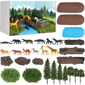 Draupnir 50 Pcs Forest Diorama Supplies Jungle Diorama Kit Forest Animals Figures Habitat Project Box Set Animals Model Scenery Kit DIY Crafts