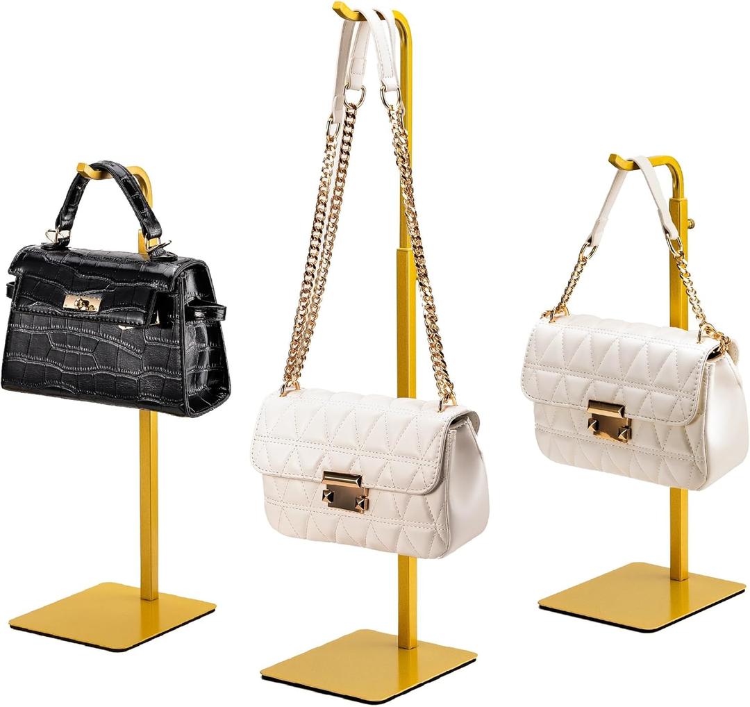3 Pack Purse Holder Handbag Display Stand: Gold Hanger Rack for Bags, Purses, and Wreath, Adjustable Hook Stand for Tabletop, Closet, and Retail Use for Vendors