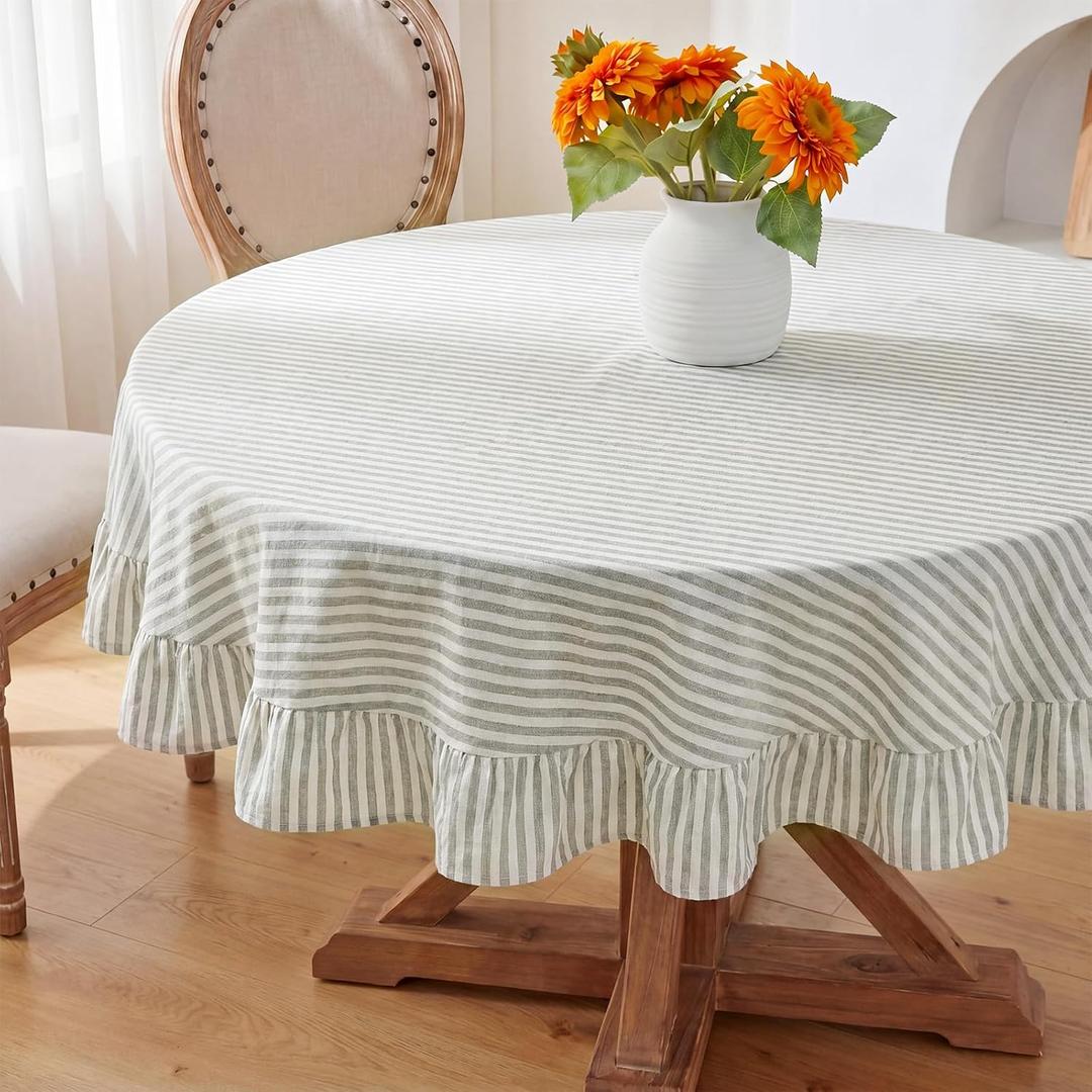 Boao Cotton 60 Inch Farmhouse Ruffle Tablecloth Sage Green White Striped Flounces Trim Table Cover for Round Table Kitchen Party Wedding Decor