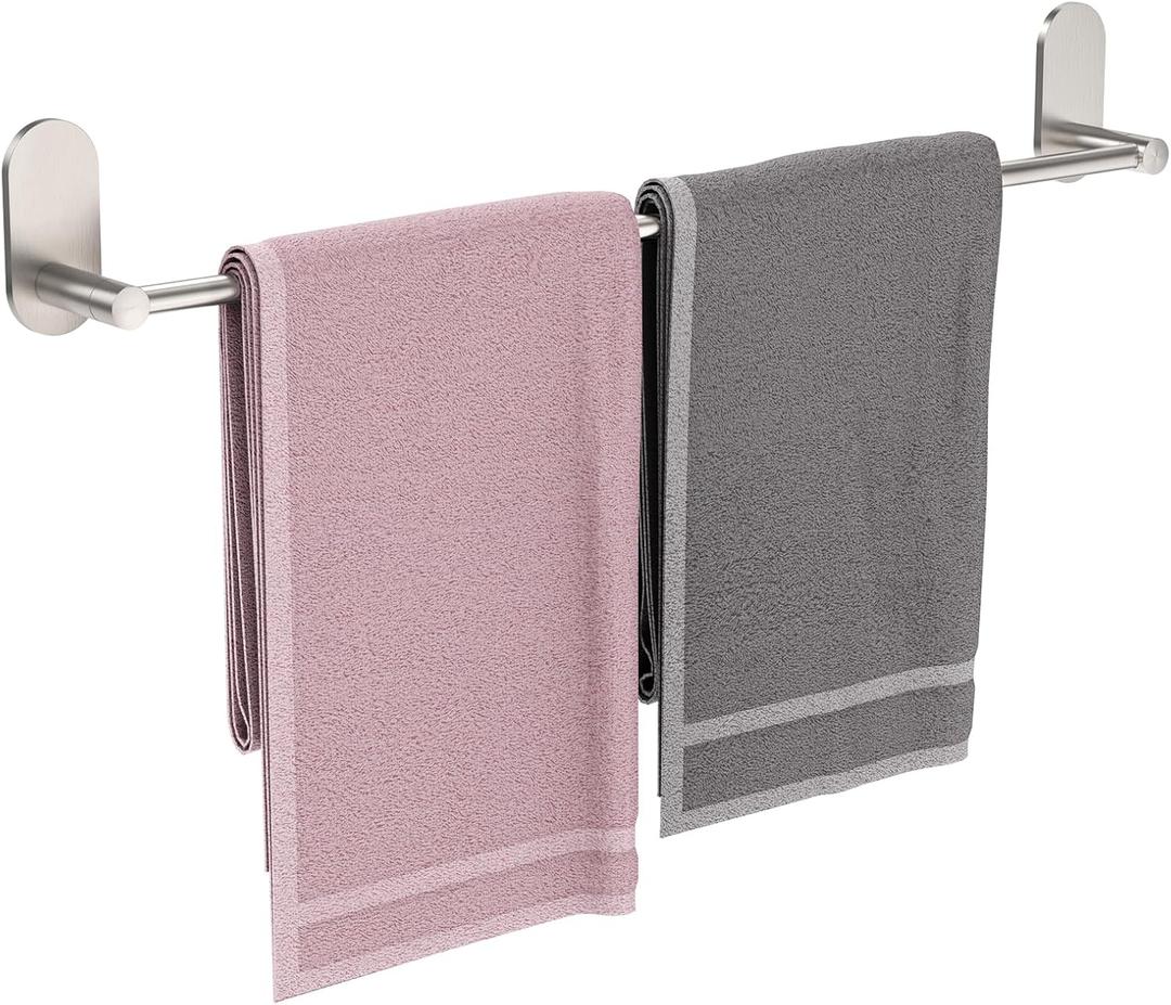 Self Adhesive Towel Bar for Bathroom 24ich Stainless Steel and Zinc Alloy No Drill Towel Rack Heavy Duty Hanger Stick On Hand Towel Holder for Kitchen, Cabinet, Door, Shower, Brushed Nickel