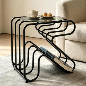 Black Metal Side Table with Magazine Rack, Round End Table for Small Spaces, 13.4" x 11.8" x 13.8"