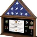Burial Flag Display Case Solid Wood Flag Display Case Fit 5' x 9.5' Folded Flag Large Military Show Box with Real Glass, Certificate Holder for Flag, Certificate, Badges and Medals - Walnut