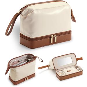 2-In-1 Jewelry Box and Makeup Bag with Mirror - Versatile Travel Jewelry Holder Organizer Cosmetic Bag, Portable Toiletry Bag with Integrated Jewelry Makeup Case for Women Men (White & Brown)