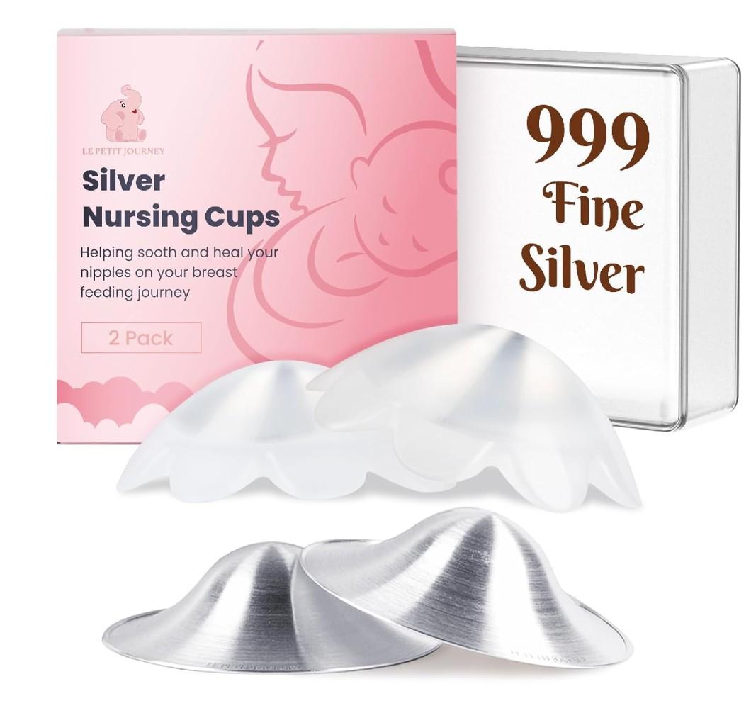 Original 999 Pure Silver Nursing Cups with Silicone Pads, Nipple Shields for Nursing Newborn Essentials, Silver Nipple Covers for Breastfeeding, Silver Nipple Guards for Soothing and Healing (Large)