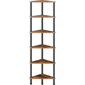 HOOBRO Corner Shelf Stand, Industrial 6-Tier Wall Corner Bookshelf with Metal Frame, Plant Display Shelf, Bookcase for Small Spaces, Bedroom, Living Room, Rustic Brown BF36CJ01 (11.8"D x 11.8"W x 57"H)
