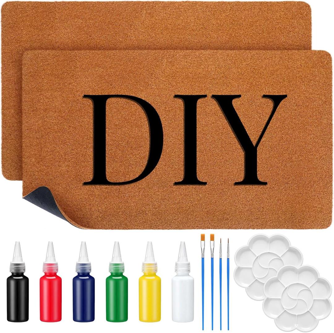 2 Sets DIY Coir Front Door Mat with Acrylic Paint Brush Palette 17"x 30" Make Your Own Outdoor Indoor Entrance Personalized Blank Doormat Entry Mat with Non Slip Backing for DIY Gift