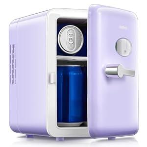 Reemix Mini Fridge, 4L/ 6 Cans Retro Portable Cooler For 120V Home & 12V DC Car Use, Skincare Fridge for Bedroom, Car, Office, Dorm (Purple)