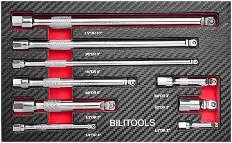 BILITOOLS 9-Piece Hex Wobble Extension Set, 2 in 1, 1/4 in, 3/8 in, 1/2 in, Chrome Vanadium Steel