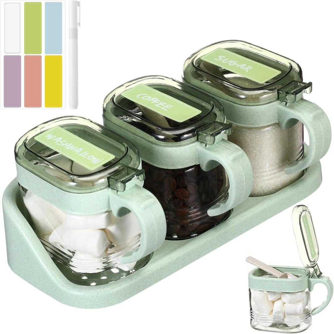 Suclain 3 Pcs Sugar Coffee Container Set 16 oz Glass Condiment Jar Spice Container Coffee Station Organizer Set with Label Stickers Scoop for Bean and Sugar Candy, Oats, Nuts(Green)