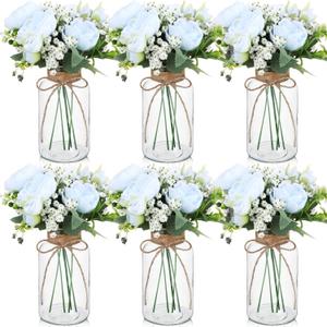 Zeyune 6 Sets Mason Jar Table Centerpiece with Artificial Peony Baby's Breath Flower Centerpieces Faux Flowers with Rope for Wedding Reception Engagement Bridal Shower Rustic Table Decor(Blue)