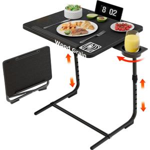 Adjustable TV Tray Black Dinner - Folding Trays for Eating On Couch Wooden Tables Mate Stand Foldable Desk with Cup Holder Portable, 20.5" x 15.5" x 22.3"-29"