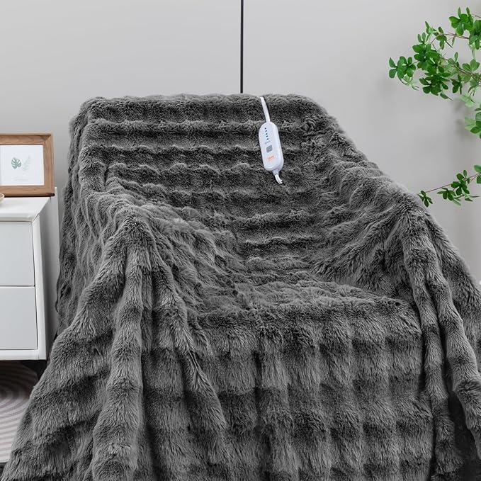 Heated Blanket Electric Queen- 84"x90" Soft Thick Bubble Electric Blanket for Sofa with 5 Heat Levels & 10 Hours Auto-Off Overheat Protection, Warm Cozy Gifts, Light Grey