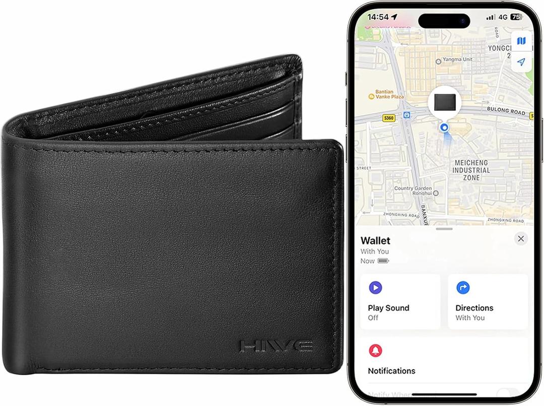 HiWe Anti-Lost Bifold Men Wallet with Find My, Genuine Leather, RFID, Original Design, Black