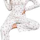 SweatyRocks Women's Floral Pajama Set Ruched Long Sleeve Top and Pants Pjs Set Sleepwear Loungewear (White, XL)