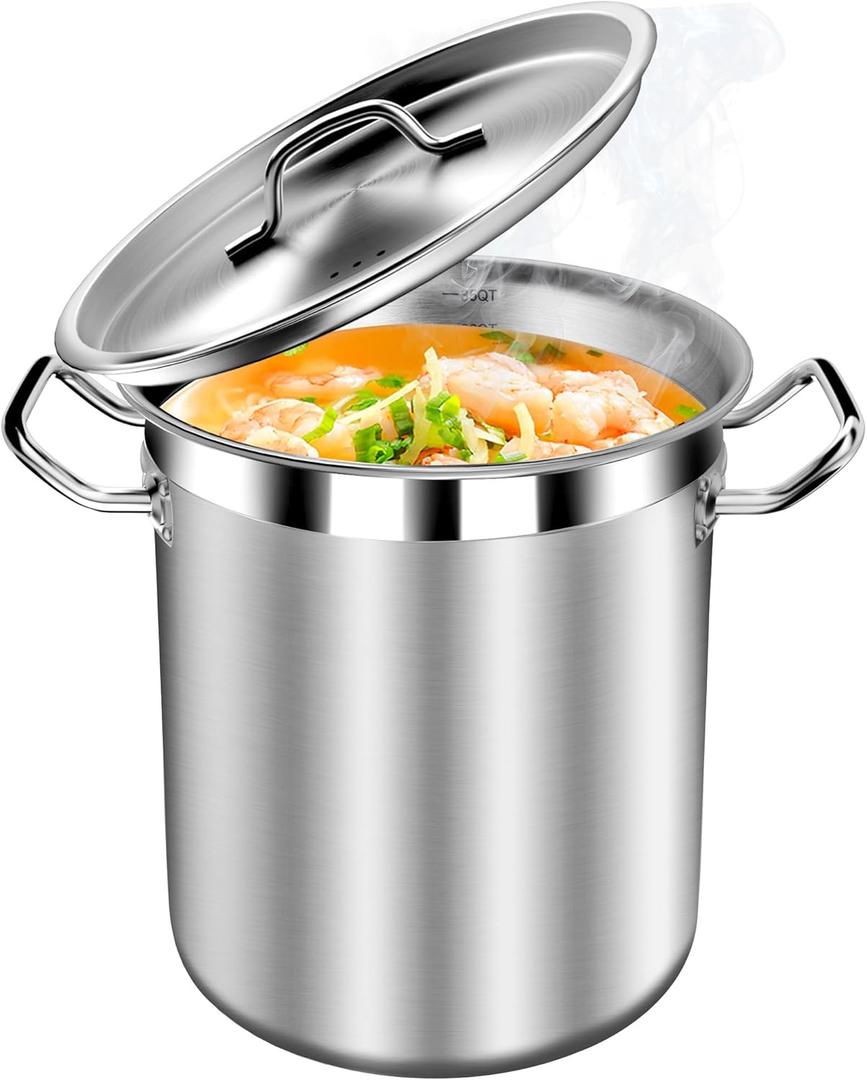 Commercial Grade Large Stock Pot - Soup Pot with Lid - Non-Nickel Stainless Steel - Healthy Cookware Polished Stockpots - Heavy Duty - 35 Quart (8.8Gallon) (35 Quarts, Stainless Steel Lid)