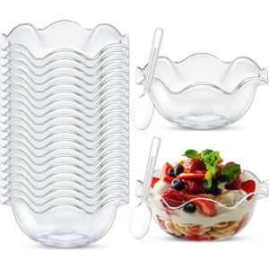 Newtay 50 Pack 5oz Small Plastic Dessert Cups with Spoon Ice Cream Bowls Birthday Christmas Wedding Party Disposable Buffet Serving Cups for Nuts, Salad, Fruit, Snacks and Yogurt (Flower, Clear)