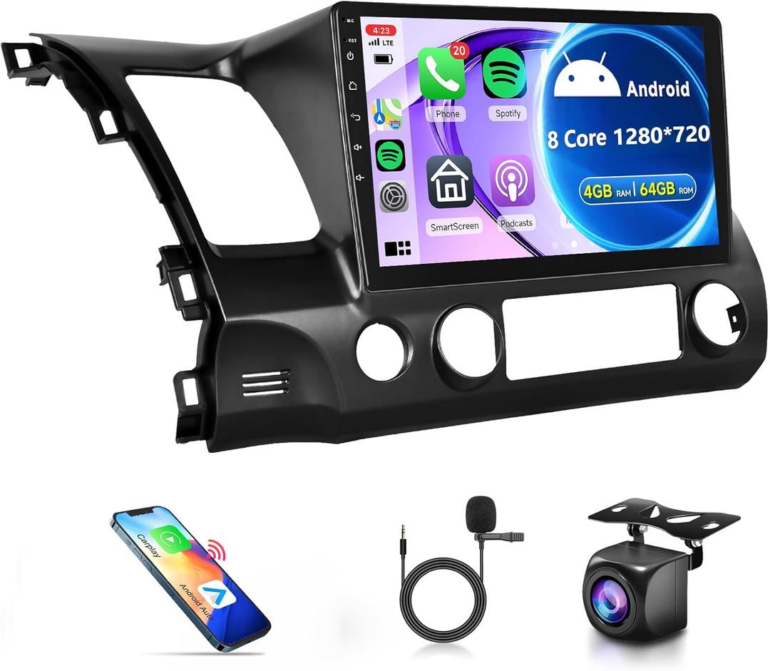 8 Core 4G+64G CarPlay Radio for Honda Civic 2006-2011, Rimoody Android 13 Car Stereo GPS 4G-WiFi Android Auto Mirror Link 10.1 Inch Touchscreen Bluetooth FM/RDS DSP-36 59-UI Themes AHD Backup Camera