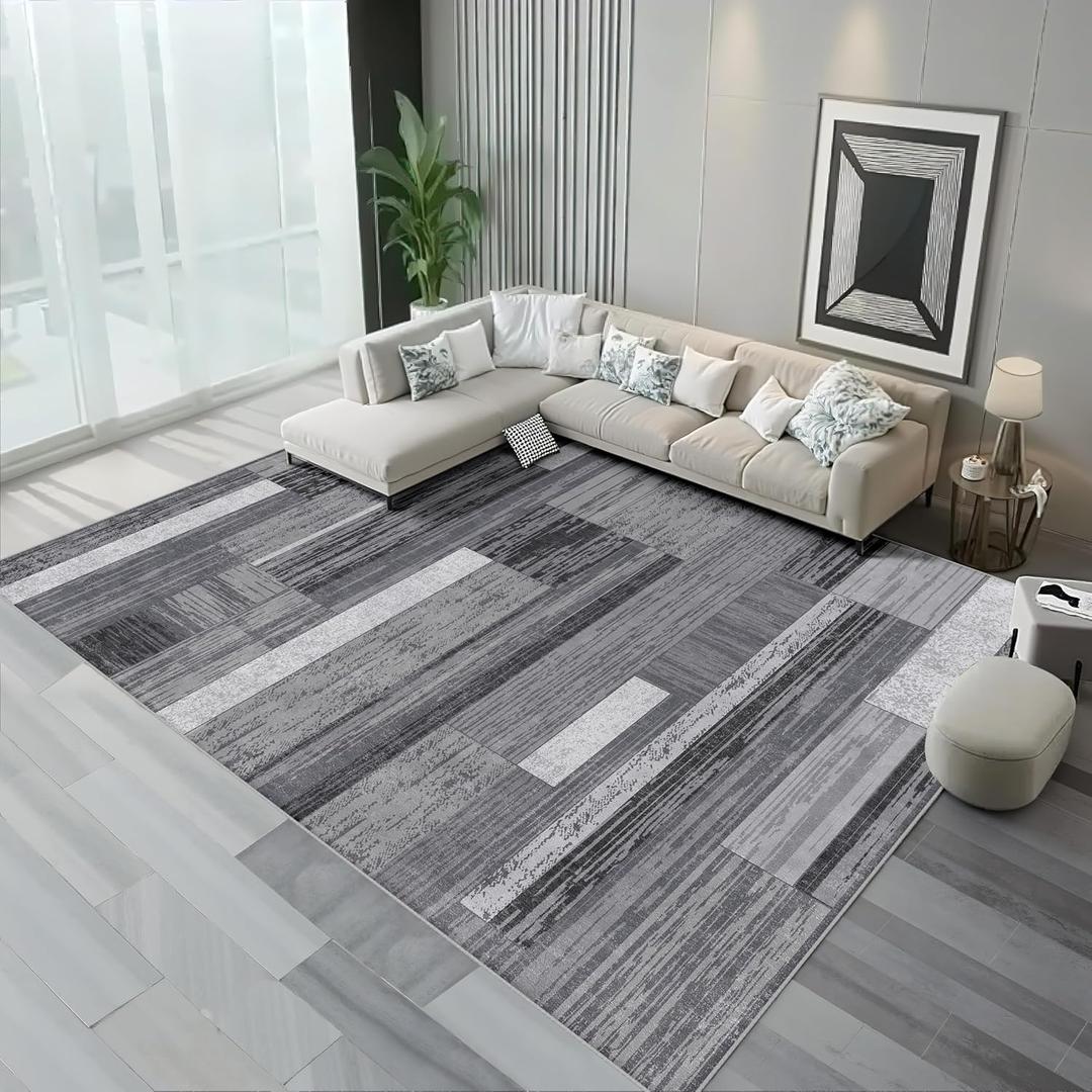 Modern Geometric Grey Area Rug, Soft Machine Washable 8x10 Rug, Non-Slip, Non-Shedding, Durable and Easy-Care, Perfect for Living Room, Bedroom, Dining Room.