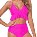 Tempt Me Women Two Piece Swimsuits High Waisted Bikini Set Ruffle Flounce Tummy Control Bottoms Bathing Suit (Hot Pink, Medium)