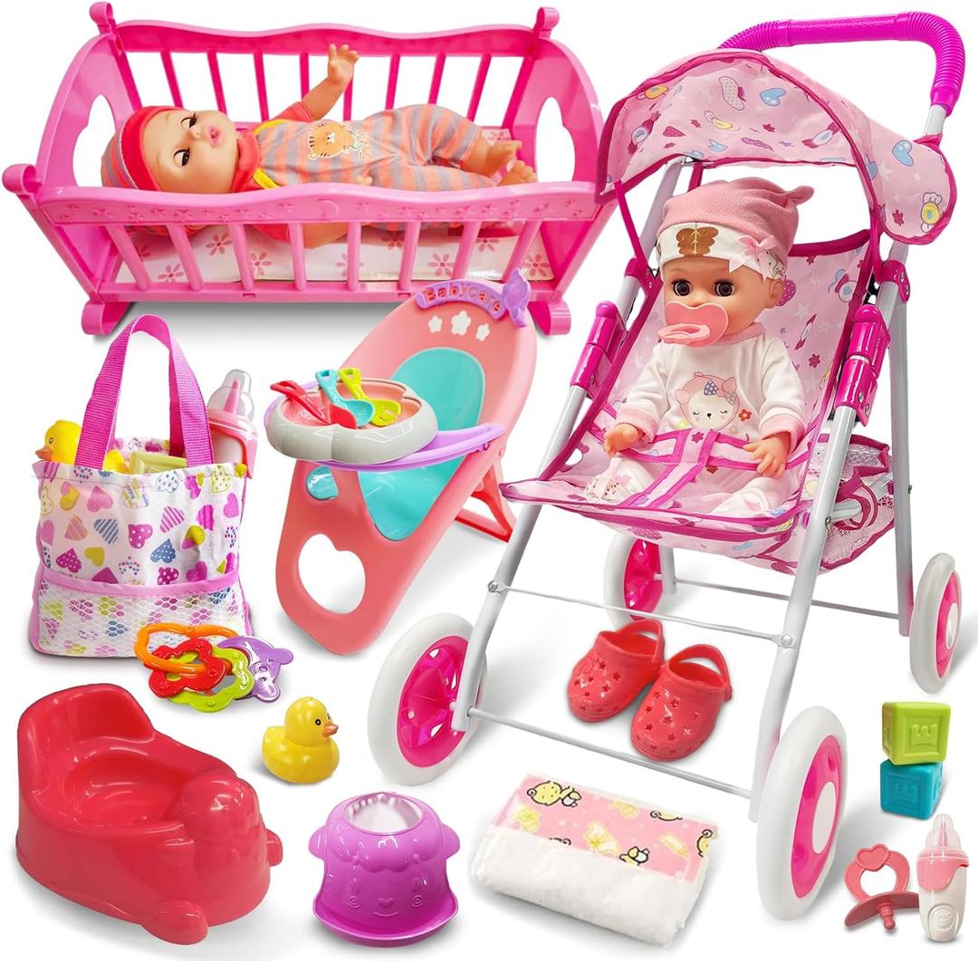 Baby Doll Toys Set with Stroller, Crib, Dining Chair, Realistic Doll Accessories for Kids Pretend Play, Dolls Care Toys Playset for Girls Toddler Ages 3 4 5 6