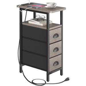 sthmec End Table with Charging Station,Narrow Side Tables with USB Ports and Outlets,Skinny Bedside Tables with 3 Drawers,Small Tables Nightstands for Small Space,Slim Sofa Table for Livingroom,Grey