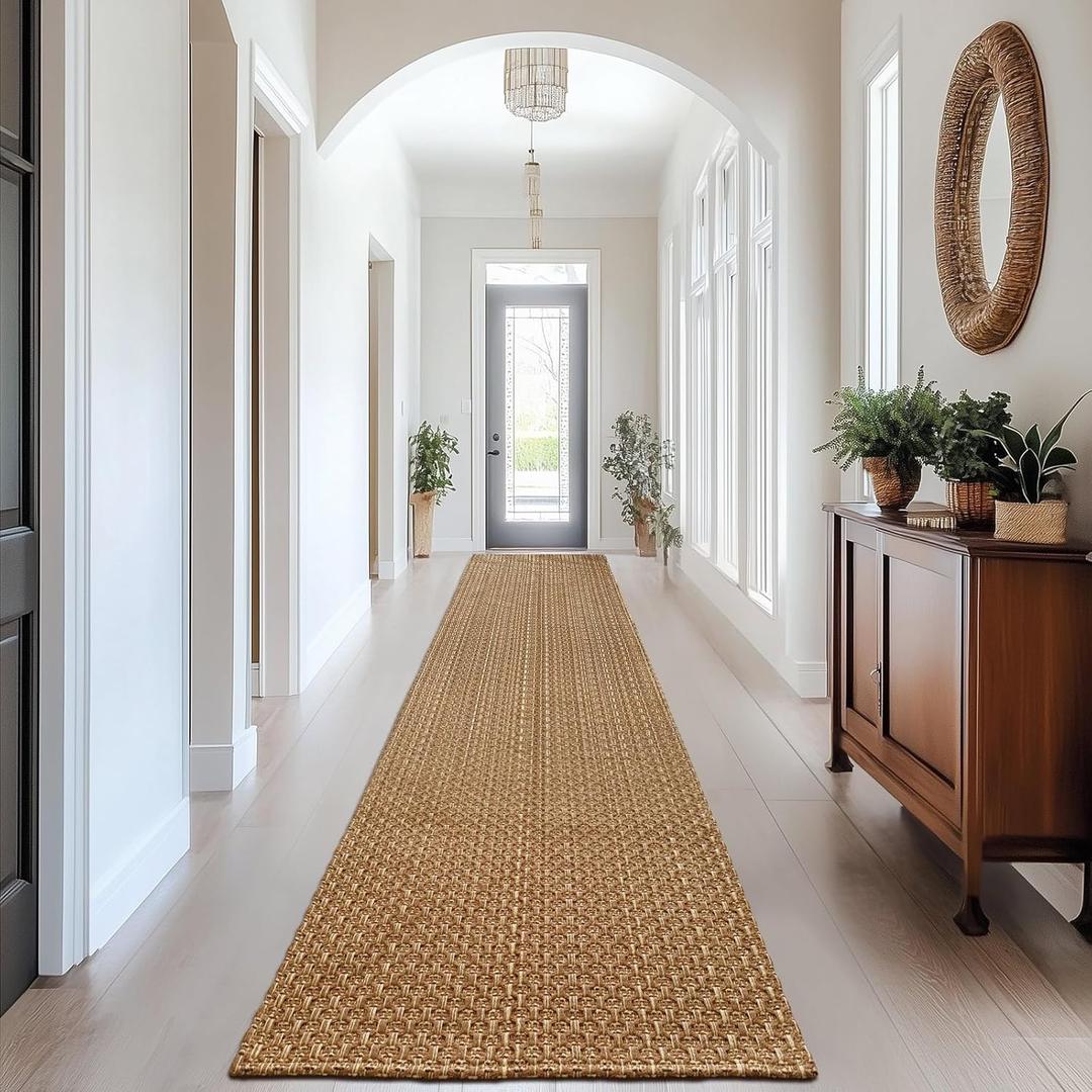Hallway Washable Runner Rug,2x10 ft Boho Braided Kitchen Rugs,Neutral Entryway Rug,Faux Jute Rug,Non Slip Indoor Farmhouse Solid Carpet for Bathroom Living Room Bedroom,Tan Brown