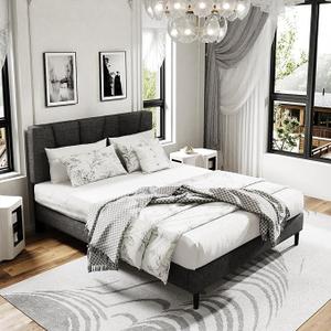 Queen Size Platform Bed Frame with Upholstered Headboard, Wooden Slats Support, Noise Free, No Box Spring Needed, Easy Assembly, Dark Grey, Linen