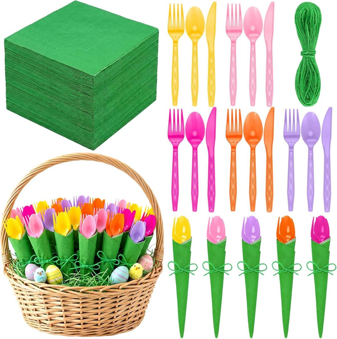 Vesici 50 Set Spring Plastic Cutlery Set Green Paper Napkins Purple Pink Yellow Red Orange Plastic Silverware DIY Heavy Duty Disposable Spoons Forks and Knives Bulk for Spring Holiday Party (Multicolor)