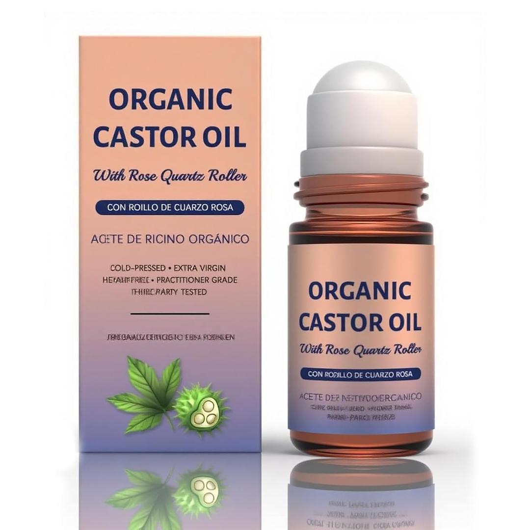 Aiwejay Organic Castor Oil Roll-On with Rose Quartz, 100% Pure Cold-Pressed & Unrefined, Hexane-Free, For skin, Eyebrows and Eyelashes, 50mL (1.7oz)