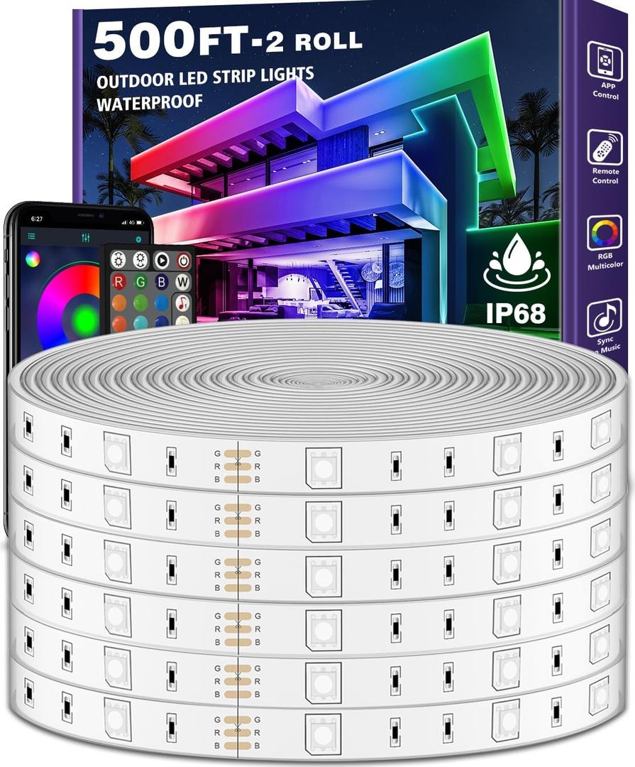 500ft Outdoor LED Strip Lights Waterproof,IP68 Outside Led Light Strips Waterproof with Bluetooth App Remote Control,Music Sync RGB Exterior Led Rope Lights,for Balcony,Deck,Roof,Garden,Pool (500FT)